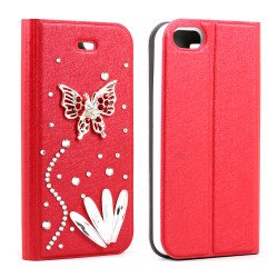 Apple iPhone 5/5S Crystal Diamond Flip Wallet Case (Red)